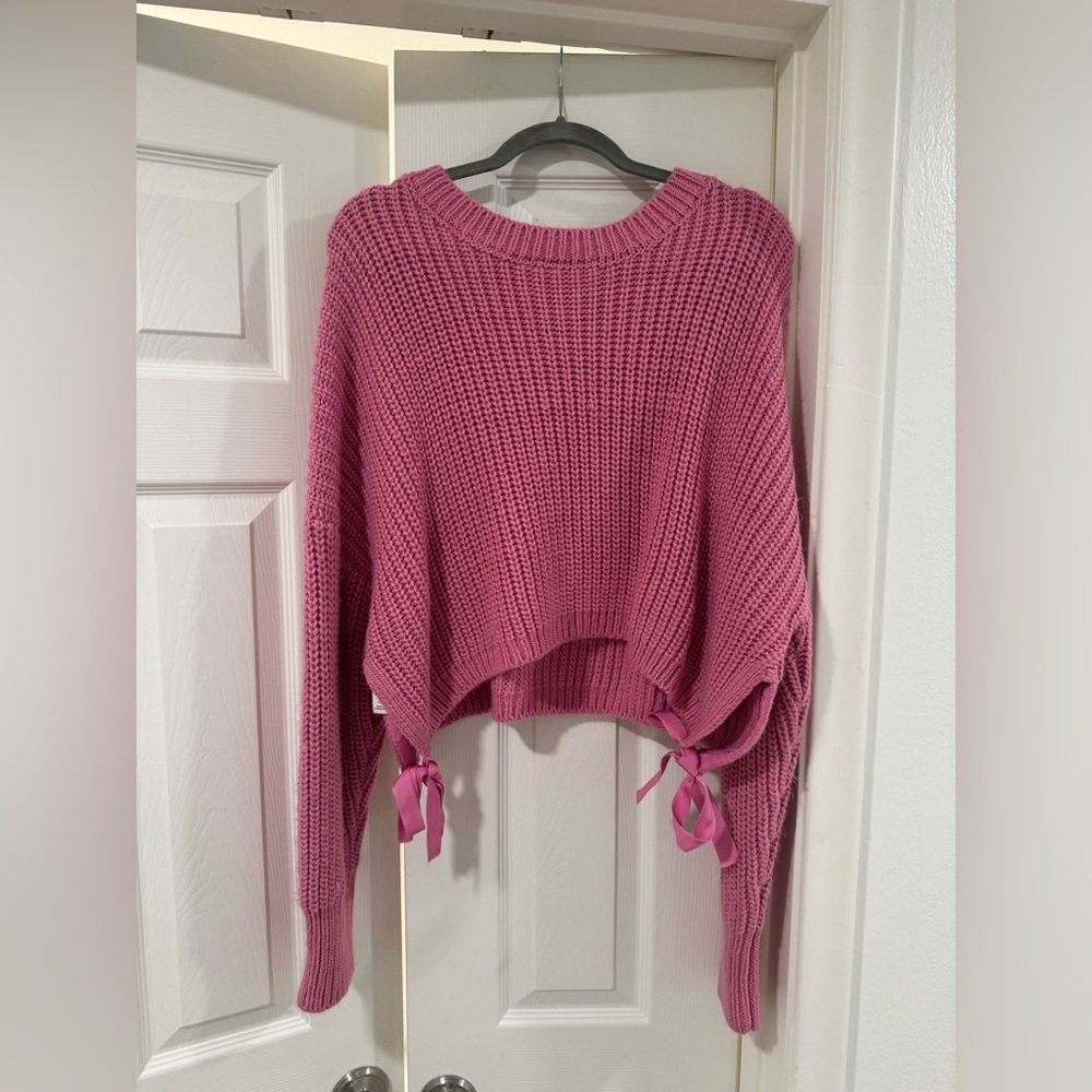 Pink Knit Sweater with Ribbon Ties